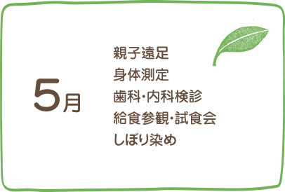 5月、親子遠足、身体測定、歯科・内科検診、しぼり染め、運動遊びのはじまり、英語で遊ぼうのはじまり